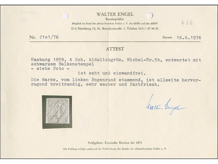 1859, 4 Sch. grünoliv, farbfrisch und allseits breitrandig geschnitten, vom linken Seitenrand mit Teil des Reihenzählers “2”,