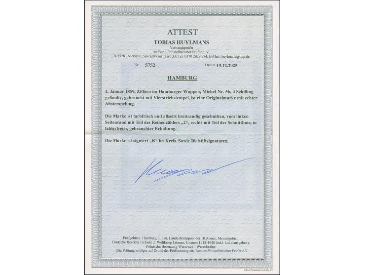 1859, 4 Sch. grünoliv, farbfrisch und allseits breitrandig geschnitten, vom linken Seitenrand mit Teil des Reihenzählers “2”,