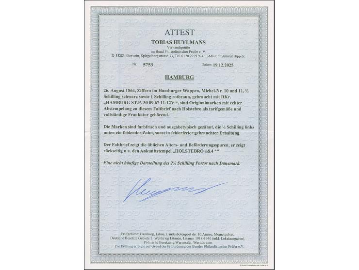 1864, ½ Sch. schwarz sowie zwei 1 Sch. braun, je farbfrisch und meist gut gezähnt, sauber mit DKr. “HAMBURG ST.P 30 3 67 11-1