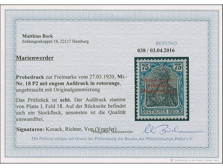 1920, 75 Pfennig mit rotem Probeaufdruck in engem Zeilenabstand, sauber ungebraucht, winziger Stockpunkt, sonst tadellos, ein