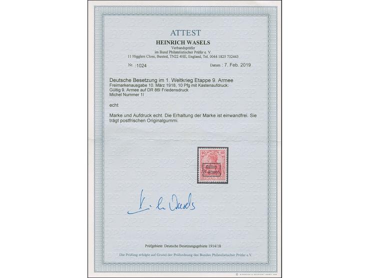 1918, Gültig 9. Armee, Germania 10 Pfennig rotkarmin Friedensdruck, postfrisch, tadellos, eine sehr seltene Marke, Fotoattest