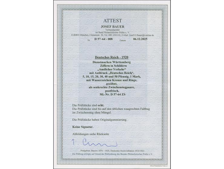 1920, 5 Pfg. - 1M. je im senkrechten Zwischenstegpaar kpl., postfrisch, wie üblich im Steg mit waagerechter Faltung, in tadel