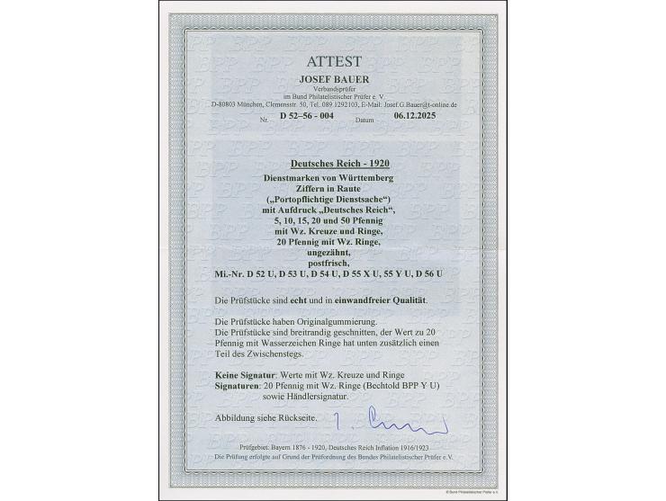 1920, 5-50 Pfg. ungezähnt kpl. inkl. 20 Pfg. mit beiden Wasserzeichen, postfrisch, in tadelloser Erhaltung. Die 20 Pfg. mit W
