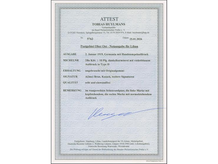 1919, Aufdrucktype II, violettblauer Aufdruck: Germania 10 Pfennig dunkelkarminrot, waagerechtes Seitenrandpaar, die linke Ma