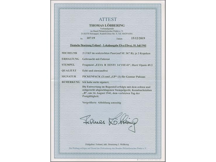 1941, 3 Kopeken dunkelgrünlichblau, senkrechtes Kehrdruckpaar, die untere Marke mit kopfstehendem, die obere Marke mit normal