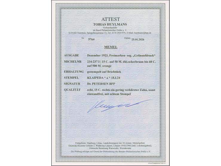 1923, Grünaufdruck 15-60 Cent, je farbfrisch und gut gezähnt, sauber mit Stempel “KLAIPEDA 18.I.24” auf Briefstücken, 15 C. e