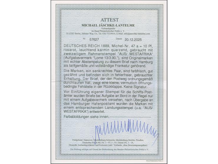 1889, Krone/Adler 10 Pfg. rosarot (leuchtend karmin quarzend) im senkrechten Paar mit Rahmenstempel “AUS WESTAFRIKA” auf Vord