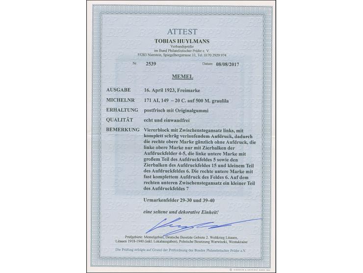 1923, Neue Währungsaufdrucke 20 Centu auf 500 Mark, Viererblock mit Zwischenstegansatz rechts, mit komplett schräg verlaufend