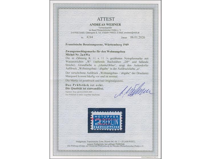 2 Pfg. blau gezähnt K 11 : 11¼, mit Wasserzeichen 1W und rotem Aulendorfer Aufdruck, postfrisch, in tadelloser Erhaltung, sig