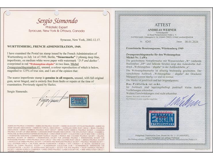 2 Pfg. geschnitten mit Wasserzeichen 1W und rotem Aulendorfer Aufdruck, postfrisch, der Aufdruck punktuell mit kleinen dunkle