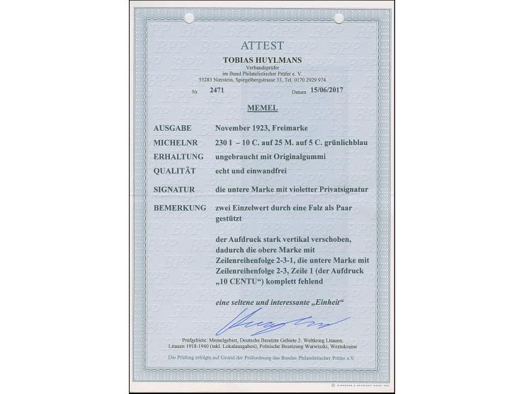 1923, 10 Centu auf 25 Markiu auf 10 Centu grünlichblau, zwei Einzelmarken als senkrechtes Paar durch Falz zusammenhängend mit