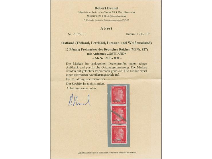 Hitler 12 Pfennig, senkrechter Dreierstreifen, alle Marken auf geklebter Papierbahn, die mittlere Marke mit schwarzem Annulie