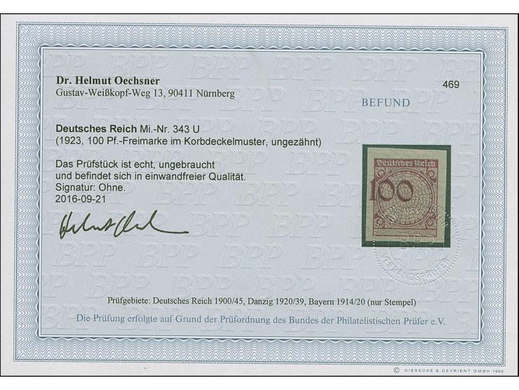 1923, Rentenpfennig 100 Pfg. ungezähnt, postfrisch, in tadelloser Erhaltung, unsigniert mit Fotobefund Oechsner BPP (2016)