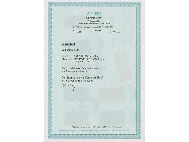 1932, Volkshilfe 40 C.-1 Fr., kpl. je sauber gestempelt “OTTWEILER 13.7.32”, auf R-Brief nach Saarbrücken mit Ankunftsstempel