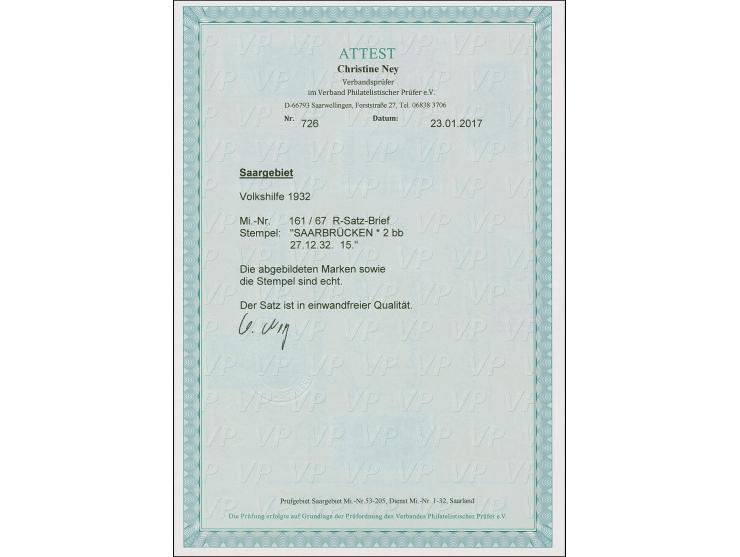 1932, Volkshilfe 40 C.-5 Fr., kpl. je sauber gestempelt “SAARBRÜCKEN 2 27.12.32” auf R-Brief in die Niederlande, 40 C. oben z