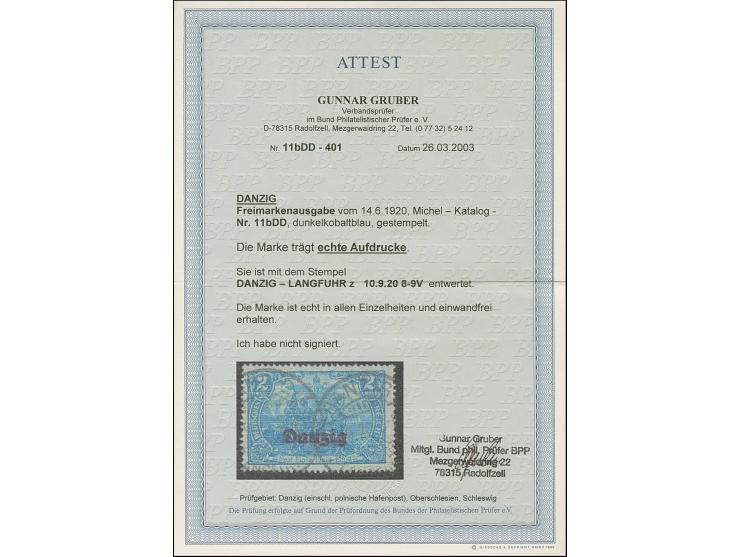 1920, 2 Mark dunkelkobaltblau, mit klarem Doppeldruck, farbfrisch und gut gezähnt, sauber zeitgerecht gestempelt “DANZIG-LANG