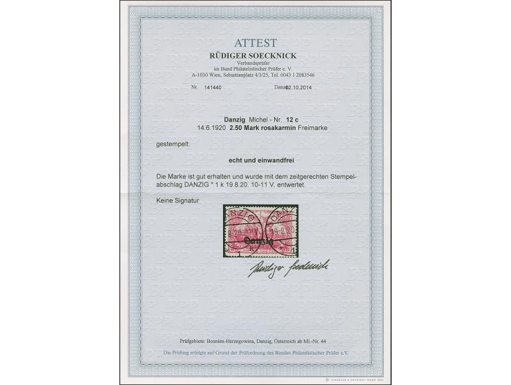 1920, 2,50 Mark rosakarmin, farbfrisch und gut gezähnt, sauber zeitgerecht gestempelt “DANZIG * 1 k 19.8.20”, tadellos, Fotoa