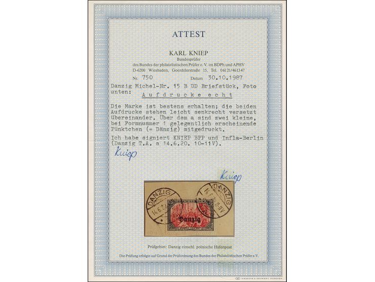 1920, 5 Mark grünschwarz/lilarot, Zähnungslöcher 25:17, mit doppeltem Aufdruck, sauber mit zeitgerechter Entwertung “DANZIG *