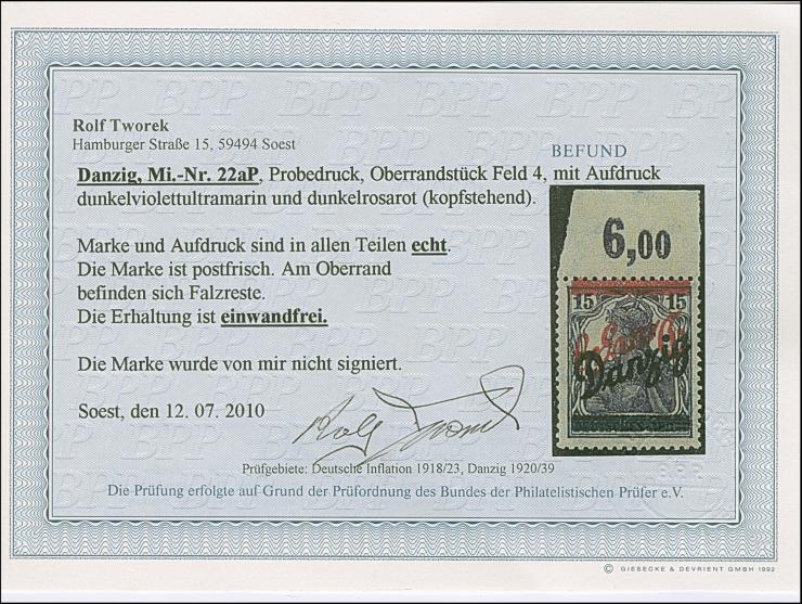 1920, Germania 15 Pfennig, Oberrandstück, Probedruck mit Aufdruck in dunkelviolettultramarin normalstehend sowie in dunkelros