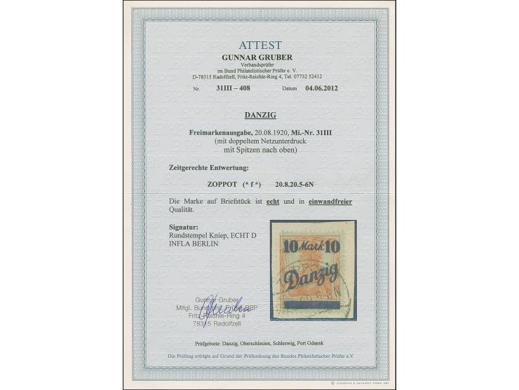 1920, Spitzen nach oben: 10 Mark auf 7½ Pfennig, mit doppeltem Netzunterdruck, farbfrisch und gut gezähnt, sauber mit zeitger