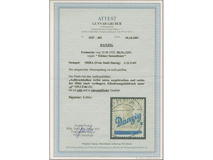 1920, Kleiner Innendienst 2 Pfennig, mit Aufdruckfehler “Aufdruckbalken rechts unten ausgebrochen und rechts der Mitte stark 