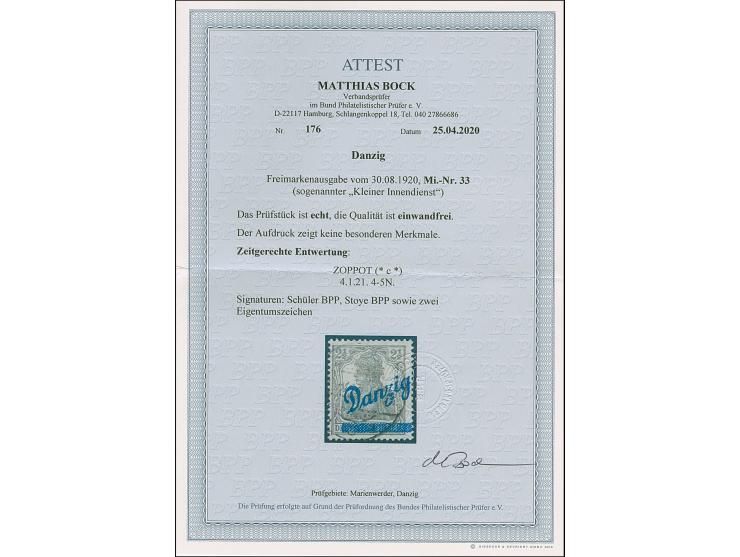 1920, Kleiner Innendienst 2½ Pfennig, farbfrisch und gut gezähnt, sauber mit zeitgerechtem Stempel “ZOPPOT 4.1.21” entwertet,