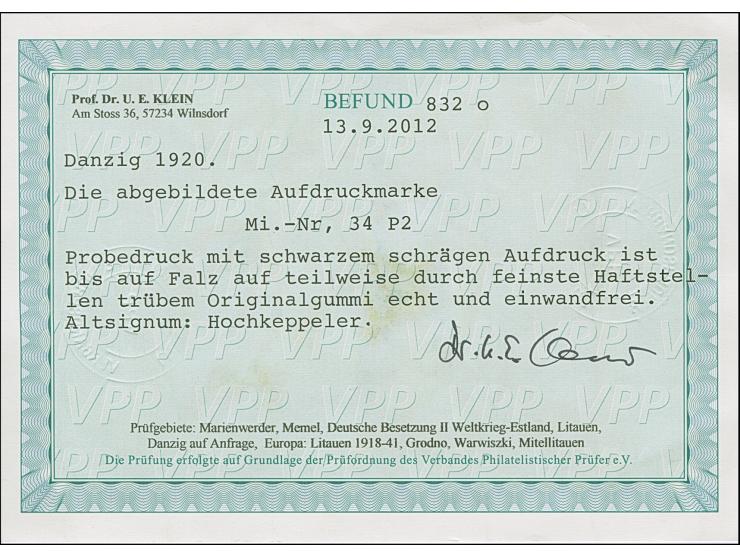 1920, Kleiner Innendienst 3 Pfennig, Probedruck mit schwarzem Aufdruck, sauber ungebraucht, tadellos, eine seltene Marke, sig