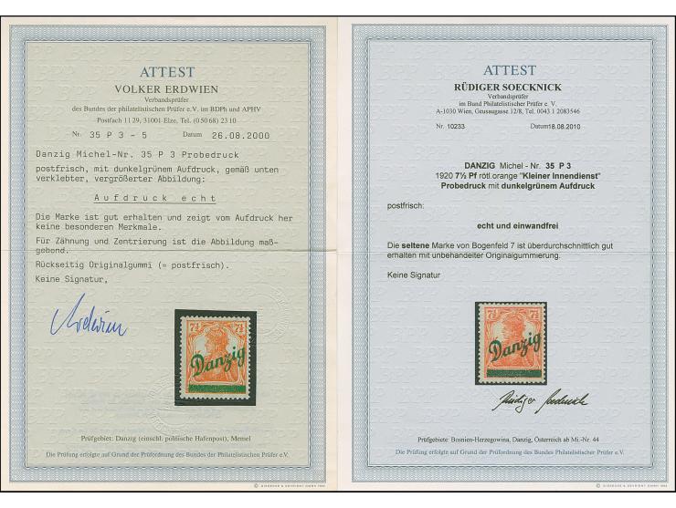 1920, Kleiner Innendienst 7½ Pfennig, Probedruck mit grünem Aufdruck, postfrisch, links ein Zahn winzig verkürzt, sonst tadel