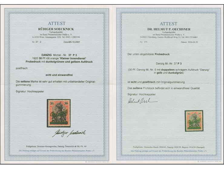 1920, Kleiner Innendienst 30 Pfennig, Probedruck mit doppeltem Aufdruck in gelb und dunkelgrün, postfrisch, tadellos. In post