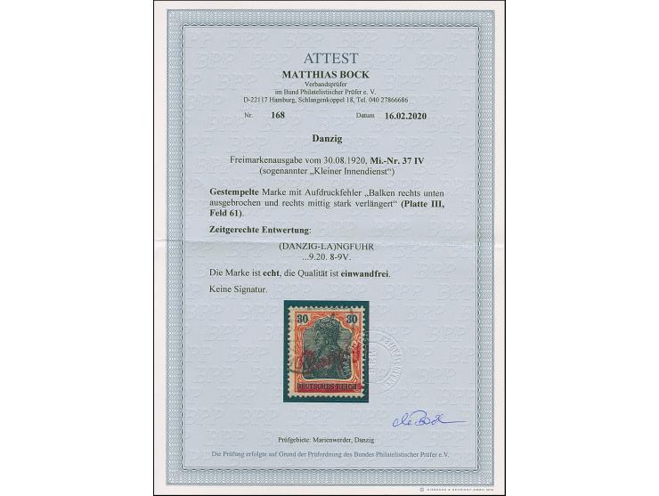 1920, Kleiner Innendienst 30 Pfennig, mit Aufdruckfehler “Balken recht unten ausgebrochen und rechts mittig stark verlängert”