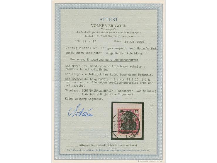 1920, Kleiner Innendienst 50 Pfennig, farbfrisch und gut gezähnt, sauber mit zeitgerechtem Stempel “DANZIG * 1 v 29.9.20” auf