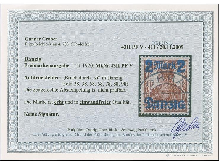 1920, Germania mit Netzunterdruck in lebhaftlilagrau, Spitzen nach unten: 2 Mark auf 35 Pfennig, mit Aufdruckfehler “Bruch du