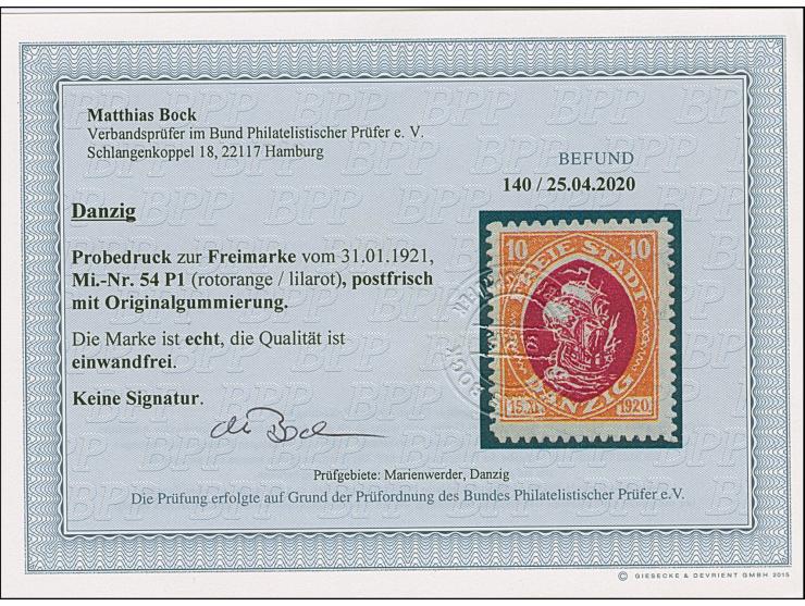 1921, Kogge 10 Pfennig, Probedruck in rotorange/lilarot, postfrisch, tadellos, unsigniert mit Befund Bock BPP (2020)