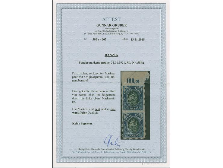 1921, Kogge 2 Mark, senkrechtes Oberrandpaar mit schräg durch den Oberrand und die obere Marke verlaufender, geklebter Papier