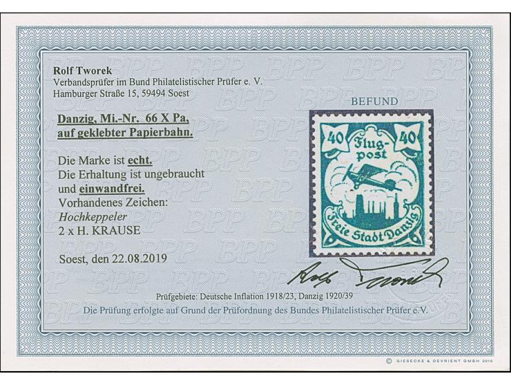 1921, Flugpost 40 Pfennig, vollflächig auf geklebter Papierbahn, sauber ungebraucht, tadellos, selten, u.a. sign Hochkeppeler