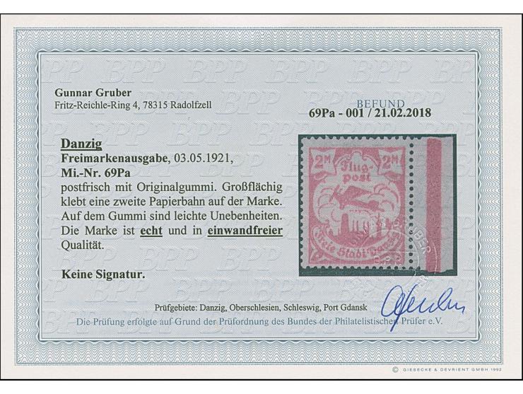 1921, Flugpost 2 Mark, großflächig auf geklebter Papierbahn, postfrisch, herstellungsbedingte Gummiunebenheiten, tadellos, se