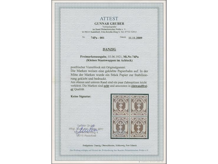 1921, Staatswappen 10 Pfennig, Viererblock mit über alle Marken gehender geklebter Papierbahn, postfrisch, einige gering verk