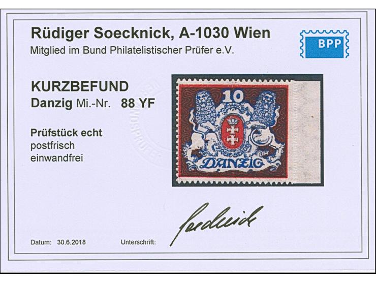 1921, Großes Staatswappen 10 Mark, ohne Rosettenunterdruck, rechtes Seitenrandstück, postfrisch, tadellos, Kurzbefund Soeckni