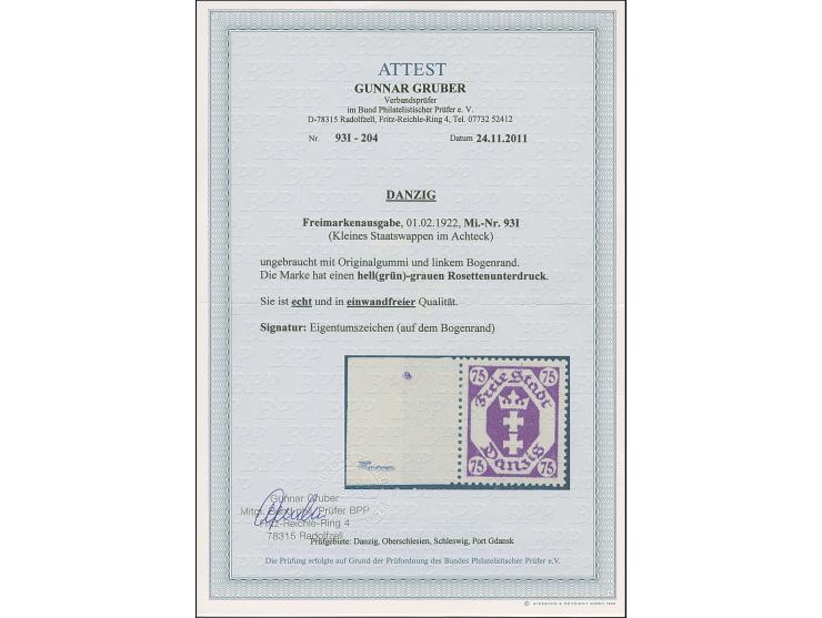 1922, Kleines Staatswappen 75 Pfg. mit Rosettenunterdruck, linkes Seitenrandstück, ungebraucht, tadellos. Der Rosettenunterdr