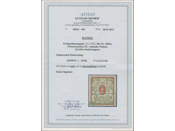 1922, Großes Staatswappen 50 Mark rot/gold mit stehendem Wasserzeichen, farbfrisch und gut durchstochen, sauber und klar, zei