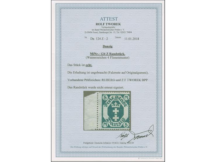 1923, Staatswappen 5 Mark mit Wasserzeichen 4 (Fliesen), linkes Seitenrandstück, sauber ungebraucht, tadellos, u.a. sign. Rub