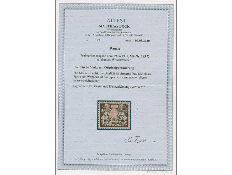 1923, Großes Staatswappen 1000 Mark, mit stehendem Wasserzeichen, in typisch blasser Farbgebung, postfrisch, tadellos, u.a. s