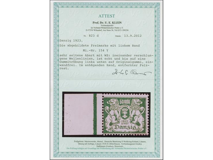 1923, Großes Staatswappen 50.000 M. grün mit Wasserzeichen "ineinander verschlungene Wellenlinien", linkes Seitenrandstück, s