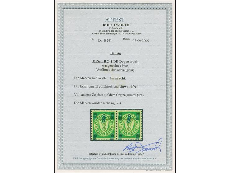 1934, 8 auf 7 Pfennig, waagerechtes Paar, doppelter, dunkelblaugrüner Aufdruck, postfrisch, tadellos, private Signatur und Fo