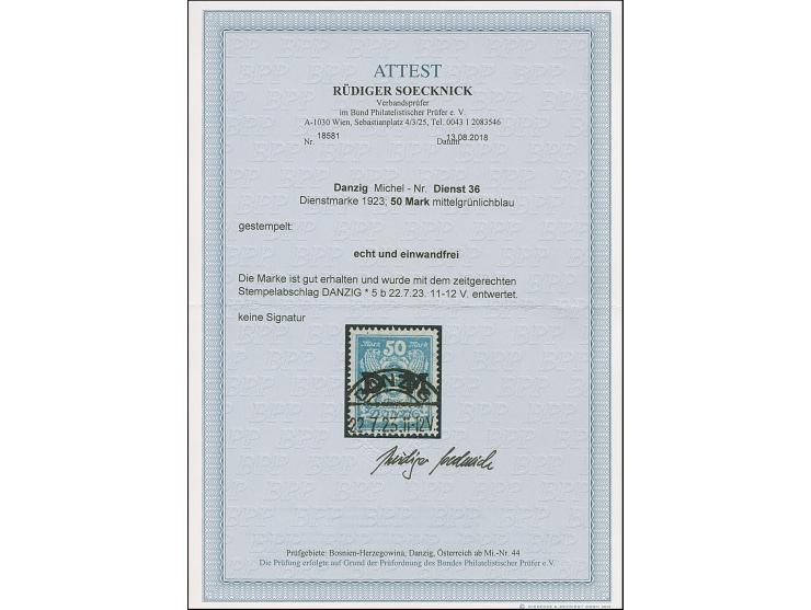 1923, Staatswappen 50 Mark, farbfrisch und gut gezähnt, sauber zentrisch und zeitgerecht gestempelt “DANZIG 22.7.23", tadello