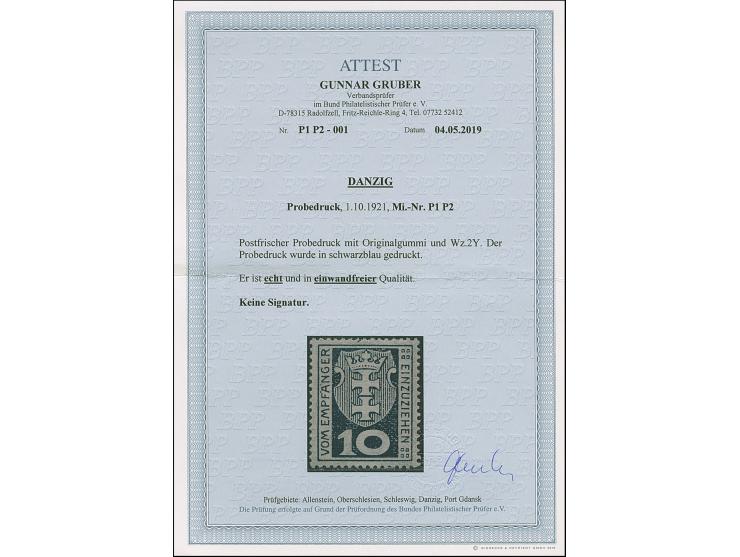 1921, Staatswappen 10 Pfennig, Probedruck, gezähnt in schwarzblau, postfrisch, tadellos, selten, unsigniert mit Fotoattest Gr