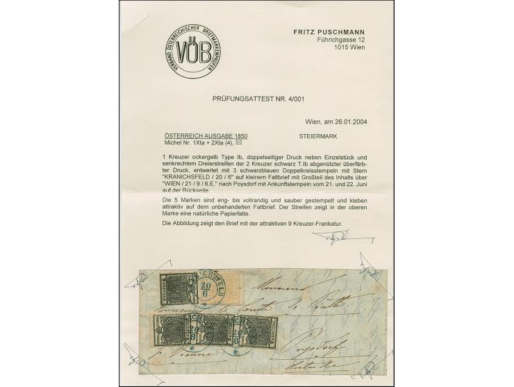 1850, 1 Kr. ockergelb, Type Ib mit Abart “Doppelseitiger Druck”, als Zufrankatur mit 2 Kr. schwarz Type Ib (senkrechter Dreie