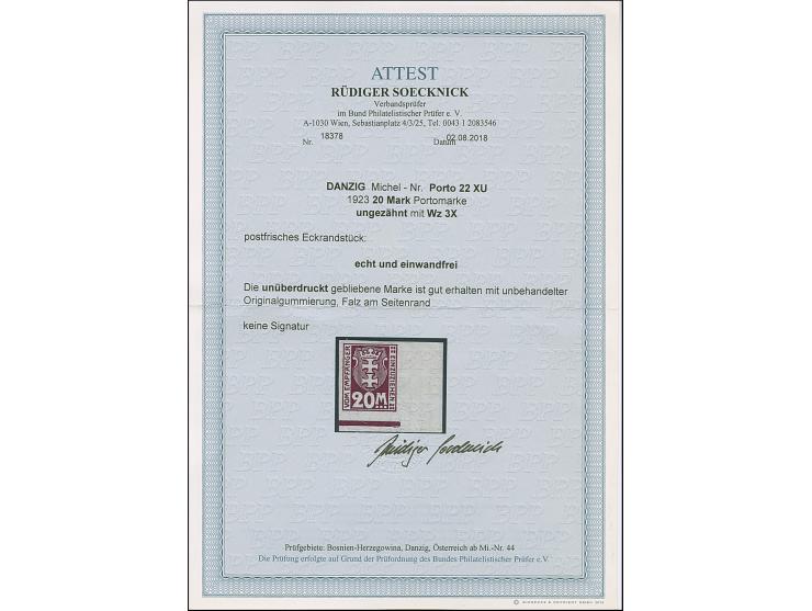 1923, Staatswappen 20 Mark, ungezähnt, ohne Aufdruck, stehendes Wasserzeichen, aus der rechten unteren Bogenecke, postfrisch 