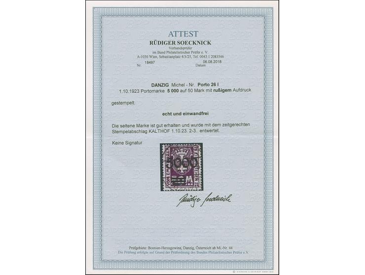 1923, 5000 auf 50 Mark, rußiger Aufdruck, farbfrisch und gut gezähnt, sauber zeitgerecht gestempelt “KALTHOF 1.10.23”, tadell