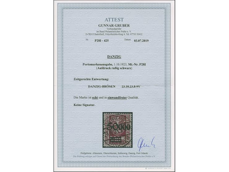 1923, 50000 auf 500 Mark, rußiger Aufdruck, farbfrisch und gut gezähnt, sauber zeitgerecht gestempelt “DANZIG-BRÖSEN 23.10.23